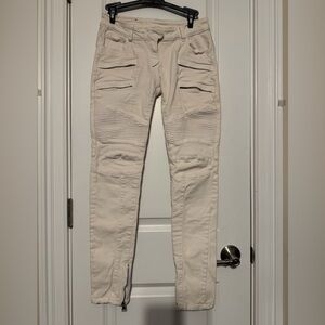 Balmain Cream Ribbed Moto Women Jeans Sz 32 labeled, see pics with measurements.